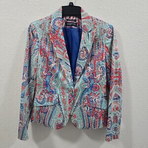 Jones New York Blazer Stretch Size 6 Paisley Rojo Azul Turquesa Elegante